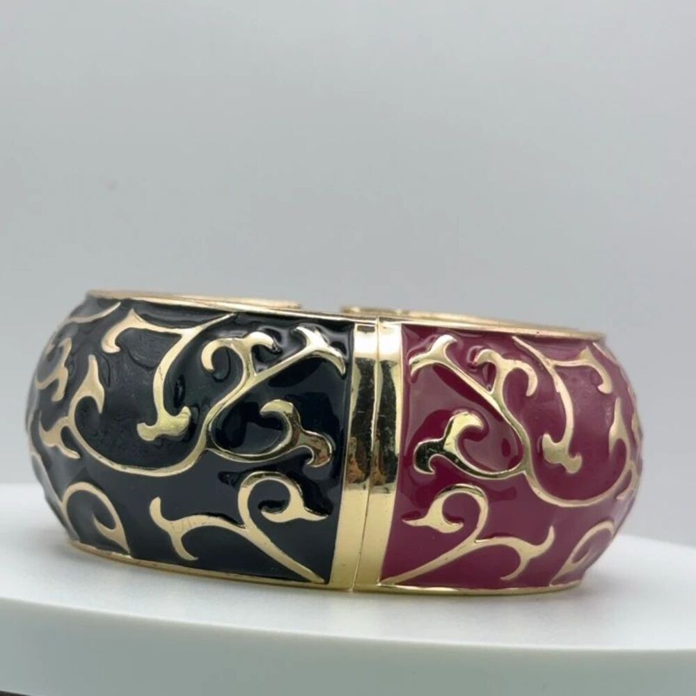 Wide Black Fuchsia & Gold Enamel Hinged Bangle Bracelet